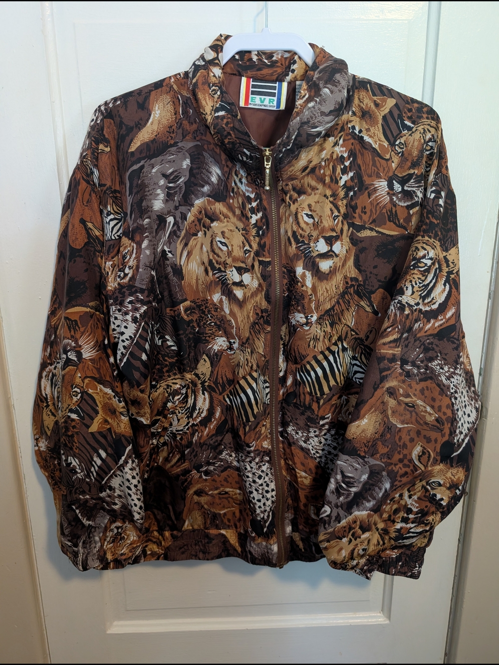 80s Vintage 100% Silk Safari Animals Print Lightweight Bomber Jacket EVR Large
